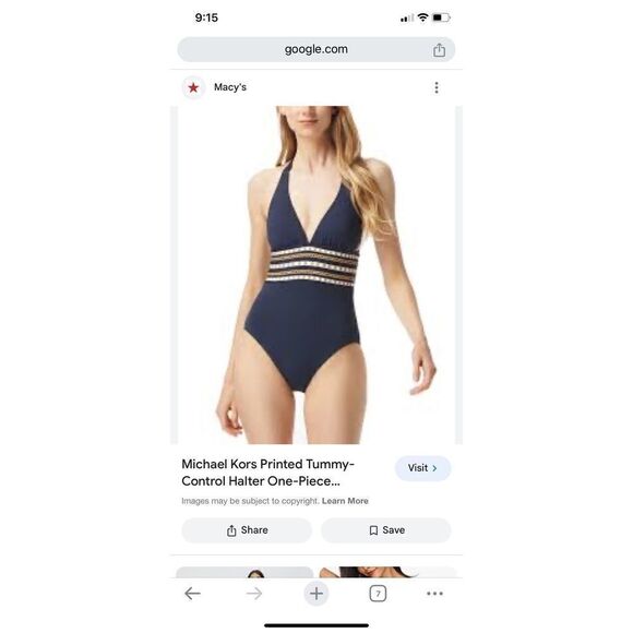 Michael Kors Women's Chain Border Tummy Control Halter Navy One Piece Size 12 - Picture 1 of 12